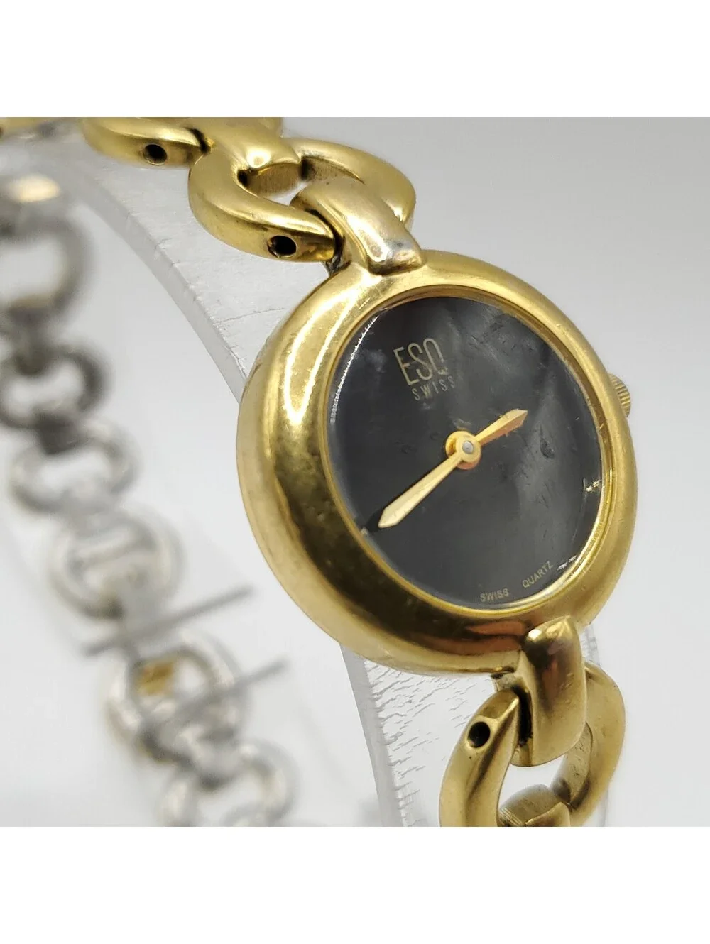 ESQ Swiss Quartz Watch 22mm Women Black Dial Gold Tone New Battery